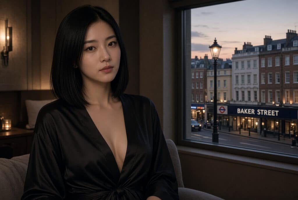 Asian massage therapist in a softly lit room overlooking Baker Street station at dusk, for Baker Street massage London outcall
