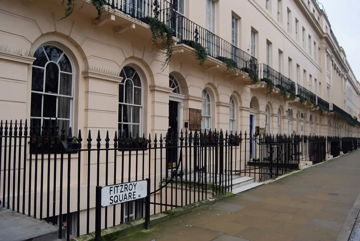 Georgian terrace and street sign on Fitzroy Square in Fitzrovia, near our Fitzrovia massage London service