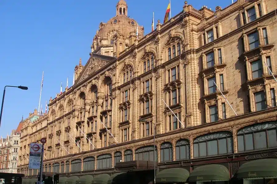 Harrods' ornate terracotta facade on Brompton Road, the heart of our Knightsbridge massage London outcall area