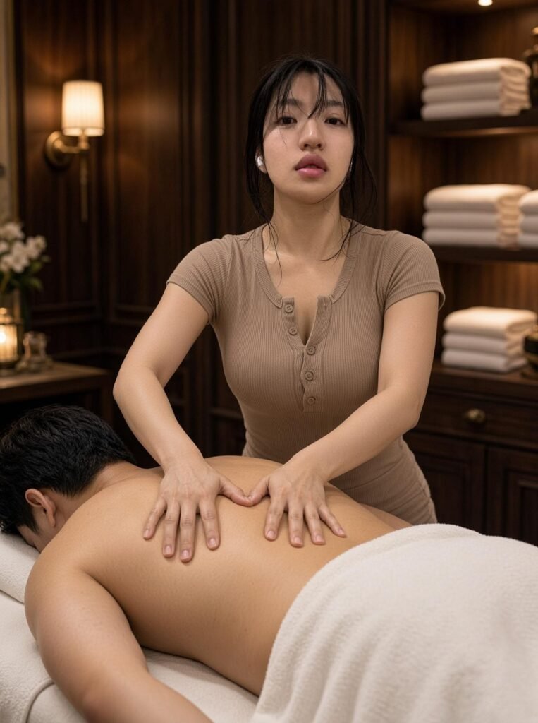Oriental massage therapist applying back pressure in a London treatment room
